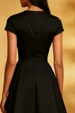 Vestido midi negro con cuello redondo A Line y mangas cortas