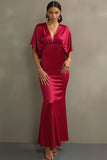 Vestido largo formal con cuello en V de sirena de satén fucsia