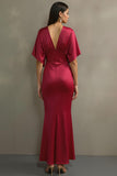 Vestido largo formal con cuello en V de sirena de satén fucsia