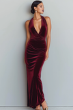 Vestido largo de fiesta de vacaciones Cabernet Velvet Mermaid Halter