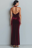 Vestido largo de fiesta de vacaciones Cabernet Velvet Mermaid Halter