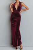 Vestido largo de fiesta de vacaciones Cabernet Velvet Mermaid Halter