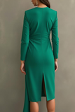 Vestido formal midi tubo verde oscuro con mangas largas