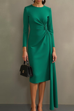 Vestido formal midi tubo verde oscuro con mangas largas