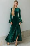 Vestido formal de manga larga de terciopelo verde oscuro con abertura