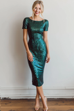 Vestido de cóctel midi de vaina verde oscuro con lentejuelas brillantes