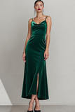 Vestido Formal Largo de Tirantes de Espagueti de Terciopelo Verde Oscuro con Abertura
