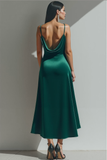 Vestido Formal Largo de Tirantes de Espagueti de Terciopelo Verde Oscuro con Abertura