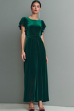 Vestido Formal Largo de Terciopelo Verde Oscuro con Mangas Onduladas