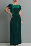 Vestido Formal Largo de Terciopelo Verde Oscuro con Mangas Onduladas