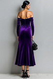 Vestido de noche largo de terciopelo con hombros descubiertos de sirena morado oscuro