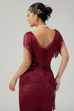 Vestido ajustado con flecos en capas de color burdeos brillante de los años 20