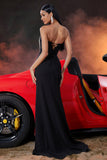 Vestido de fiesta de sirena negro sin tirantes con borla