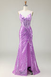 Vestido de fiesta con corsé de sirena púrpura brillante con apliques y abertura