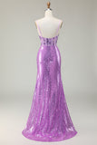 Vestido de fiesta con corsé de sirena púrpura brillante con apliques y abertura