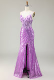 Vestido de fiesta con corsé de sirena púrpura brillante con apliques y abertura