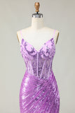 Vestido de fiesta con corsé de sirena púrpura brillante con apliques y abertura