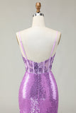 Vestido de fiesta con corsé de sirena púrpura brillante con apliques y abertura