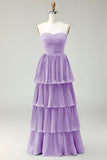 Vestido de dama de honor largo plisado sin tirantes de color rosa rubor