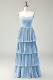 Vestido de dama de honor largo plisado en capas azul polvoriento sin tirantes