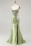 Vestido de fiesta de satén fruncido con corsé de sirena verde con abertura