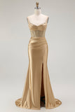Vestido largo de fiesta plisado con tirantes finos de sirena dorada con abertura