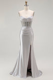 Vestido largo de fiesta plisado con tirantes finos de sirena dorada con abertura