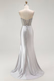 Vestido largo de fiesta plisado con tirantes finos de sirena dorada con abertura