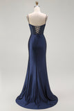 Vestido largo de fiesta plisado con tirantes finos de sirena dorada con abertura