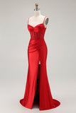 Vestido largo de fiesta plisado con corsé de tirantes finos de sirena roja con abertura