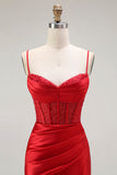 Vestido largo de fiesta plisado con corsé de tirantes finos de sirena roja con abertura