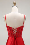 Vestido largo de fiesta plisado con corsé de tirantes finos de sirena roja con abertura