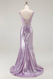 Vestido largo de fiesta con tirantes finos de sirena lila con cuentas y aberturas