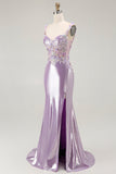 Vestido largo de fiesta con tirantes finos de sirena lila con cuentas y aberturas