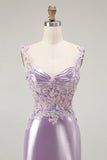 Vestido largo de fiesta con tirantes finos de sirena lila con cuentas y aberturas