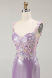 Vestido largo de fiesta con tirantes finos de sirena lila con cuentas y aberturas