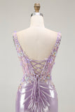 Vestido largo de fiesta con tirantes finos de sirena lila con cuentas y aberturas