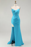Vestido largo de fiesta plisado de sirena sin tirantes azul brillante con abertura