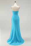 Vestido largo de fiesta plisado de sirena sin tirantes azul brillante con abertura