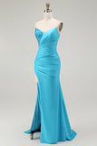 Vestido largo de fiesta plisado de sirena sin tirantes azul brillante con abertura
