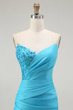 Vestido largo de fiesta plisado de sirena sin tirantes azul brillante con abertura
