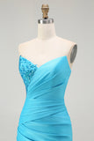 Vestido largo de fiesta plisado de sirena sin tirantes azul brillante con abertura
