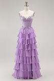 Vestido largo de fiesta con volantes y volantes en capas con corsé morado en forma de línea A con cordones en la espalda