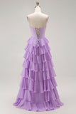 Vestido largo de fiesta con volantes y volantes en capas con corsé morado en forma de línea A con cordones en la espalda