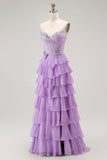 Vestido largo de fiesta con volantes y volantes en capas con corsé morado en forma de línea A con cordones en la espalda