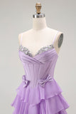 Vestido largo de fiesta con volantes y volantes en capas con corsé morado en forma de línea A con cordones en la espalda