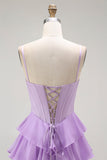 Vestido largo de fiesta con volantes y volantes en capas con corsé morado en forma de línea A con cordones en la espalda