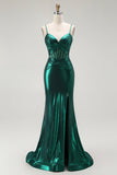 Vestido largo de fiesta con corsé plisado metálico de sirena verde oscuro con abertura