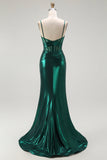 Vestido largo de fiesta con corsé plisado metálico de sirena verde oscuro con abertura