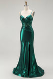 Vestido largo de fiesta con corsé plisado metálico de sirena verde oscuro con abertura
